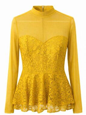 Ashley Stewart Mustard Yellow Sheer Lace Peplum Top Zip Back Size 14/16 Womens